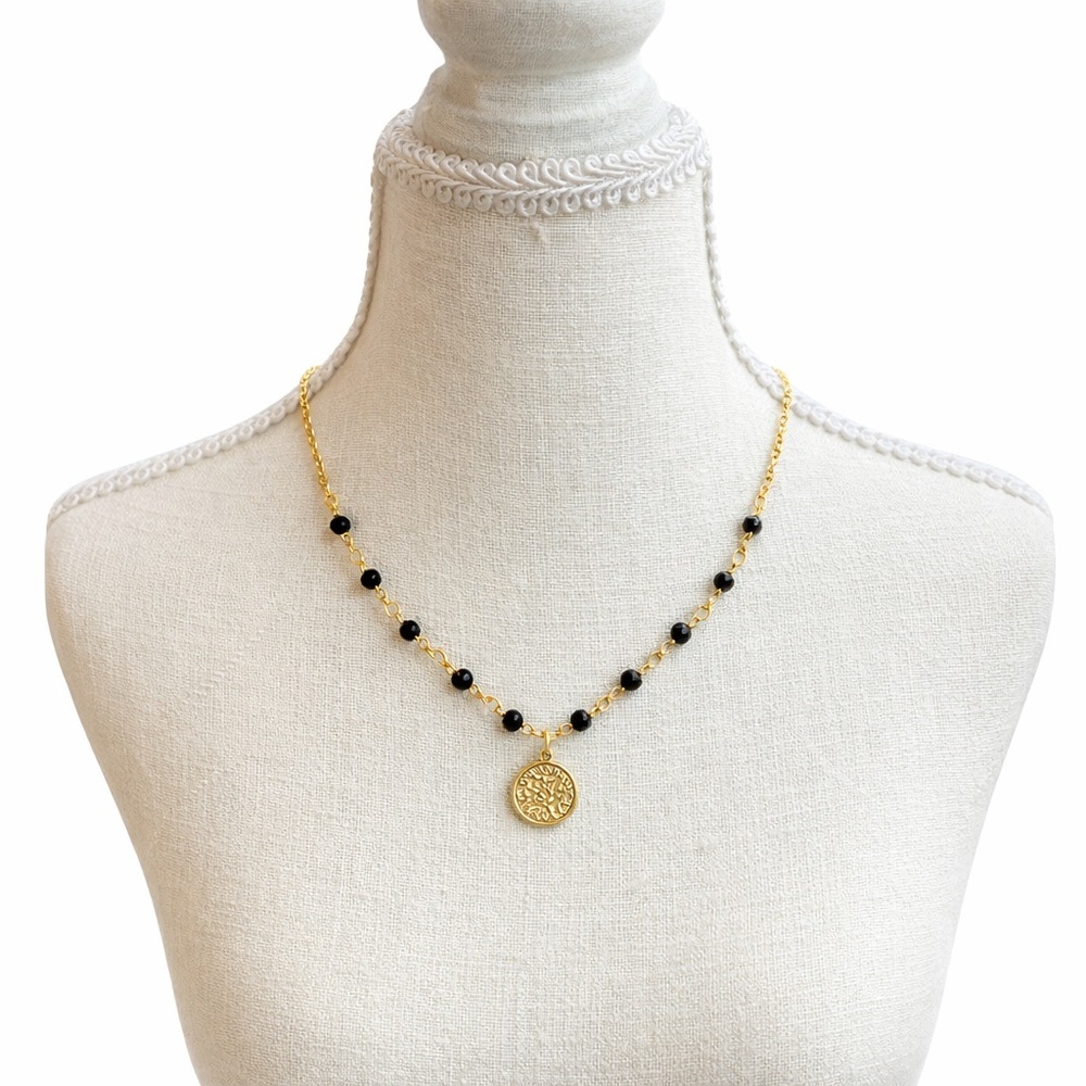 Gold Chain Black Bead Necklace with Charm Delicate Layering‎ Jewelry Women